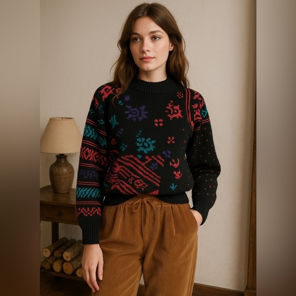 OSSI Skiwear Vintage Sweater 80s Wool Blend Black Pullover Made in Hong Kong M - Picture 16 of 16